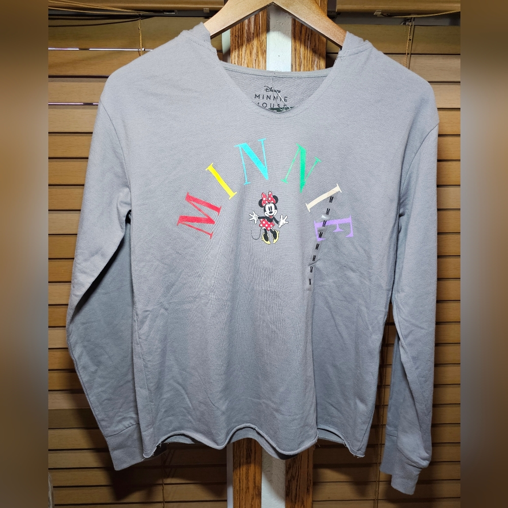 NEW Disney Minnie Mouse Gray Lightweight Hoodie Raw Hem Women’s Size Medium